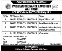 Pakistan Ordnance Factories Wah Cantt Tender Notice